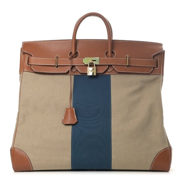 Authentic HERMES limited edition HAC 50 FLAG Fauve toile natural barenia unisex - Picture 1 of 15